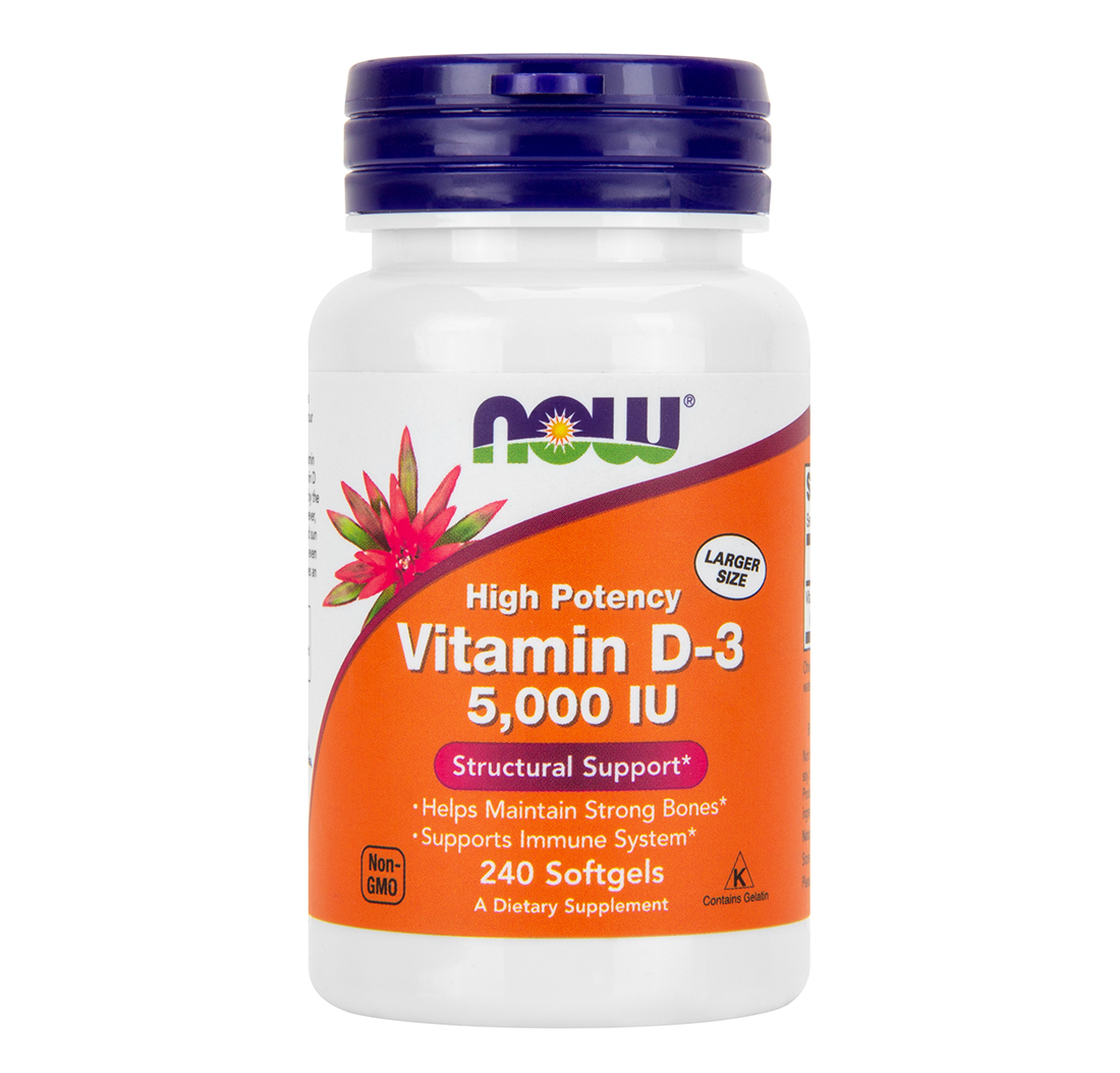 Vitamin D-3 5,000 IU supplement bottle