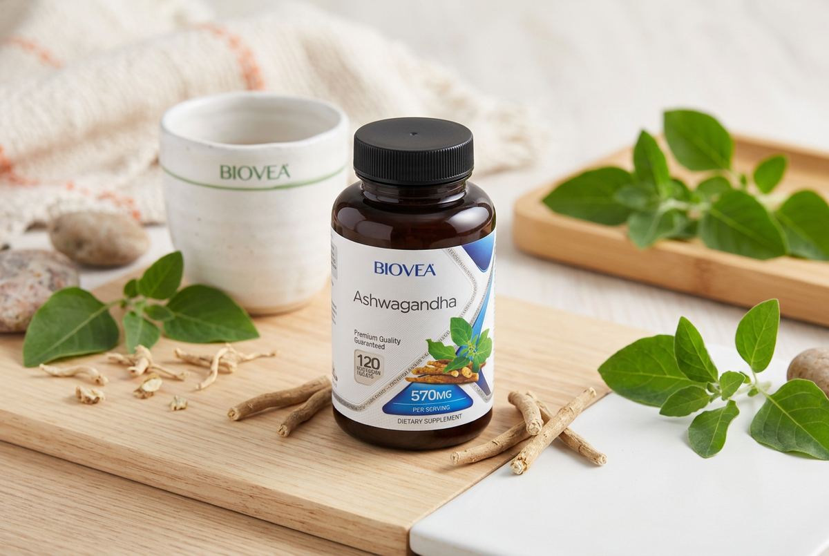Ashwagandha supplement bottle with roots and fresh leaves on a bright wooden surface