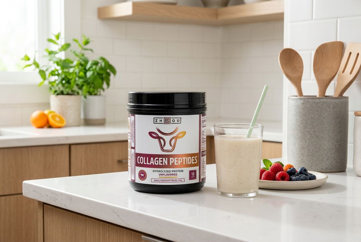 Collagen peptides container beside a smoothie and berries on a bright kitchen counter
