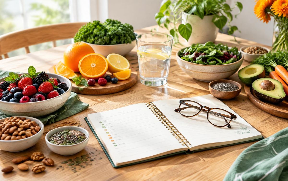 A varied spread of fruit, vegetables, nuts and seeds beside water and an open wellness notebook