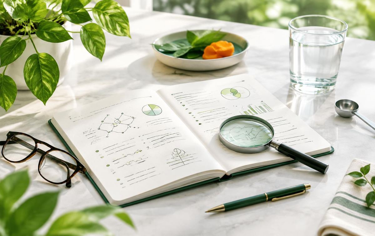 An open research notebook with a magnifying glass, reading glasses and measuring spoon in bright natural light