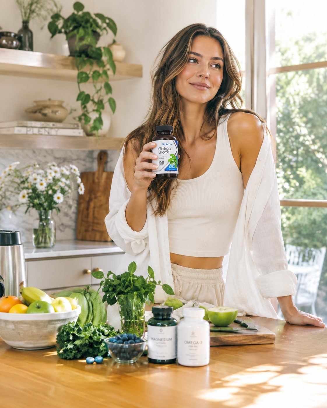 A woman holding a BIOVEA supplement bottle in a bright kitchen with fresh produce